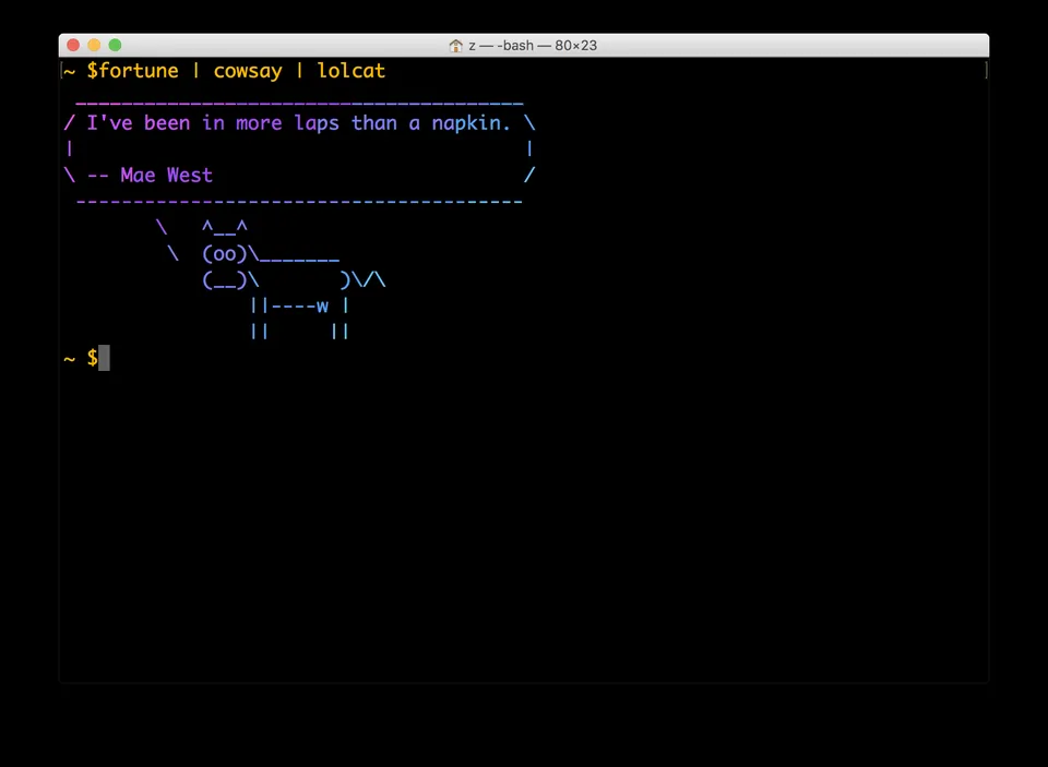 fortune cowsay lolcat output